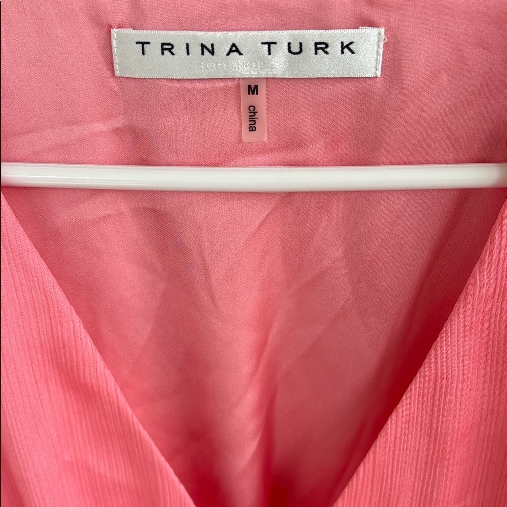 EUC Trina Turk Make Merry Tiered Puff Sleeve V Neck Dress Pink Size Medium - Picture 3 of 9